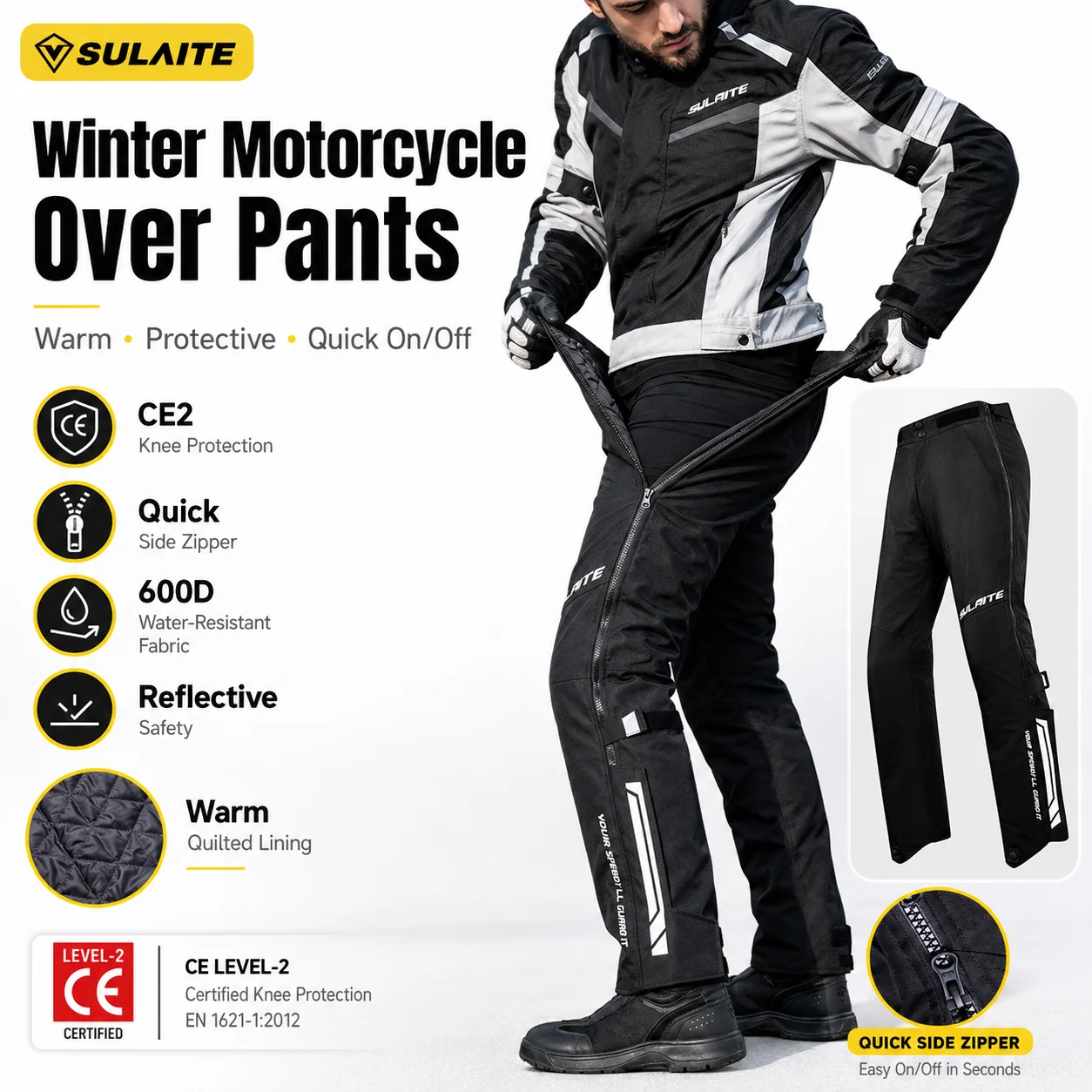 

SULAITE Winter Motorcycle Pants Men Warm Quilted Over Pants Quick Release Side Zipper Water-Resistant Reflective Riding Trousers