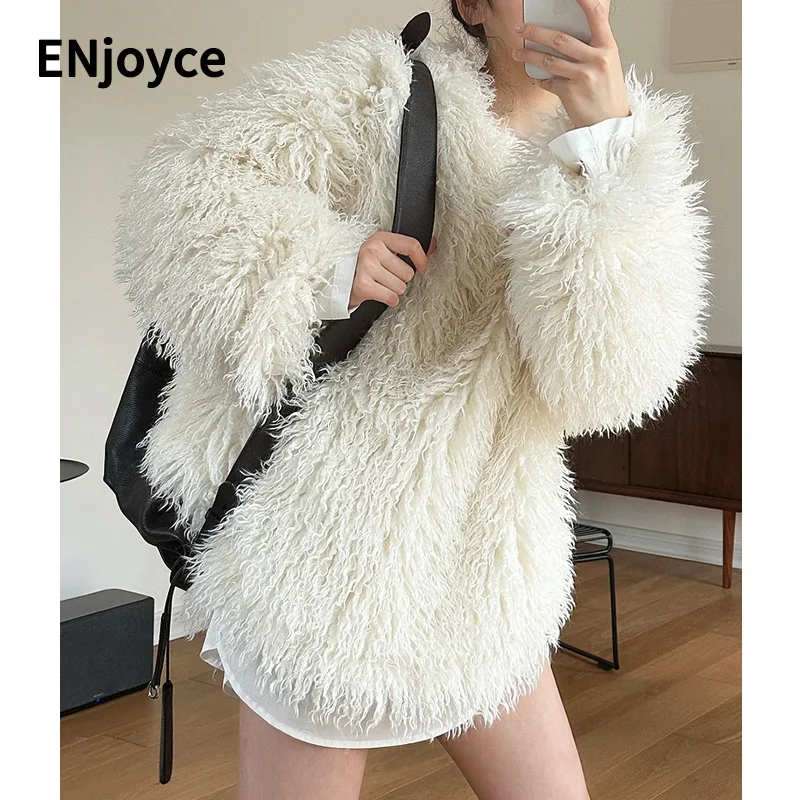 

ENjoyce Women's Long Lamb Pullover Jacket, Lady's Patchwork Sleeve Loose Coat, Warm Clothes, Korean Fashion, Vintage, Winter
