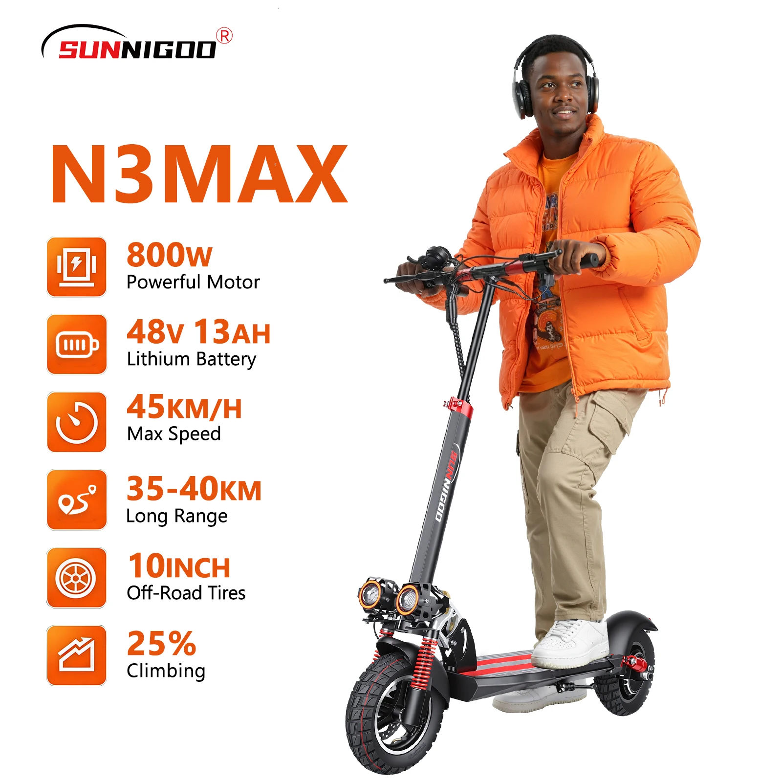 Trottinette électrique SUNNIGOO pour adultes, pneus de 10 pouces, moteur 800W, batterie 48V13AH, pliable, pour la ville, avec siège amovible.