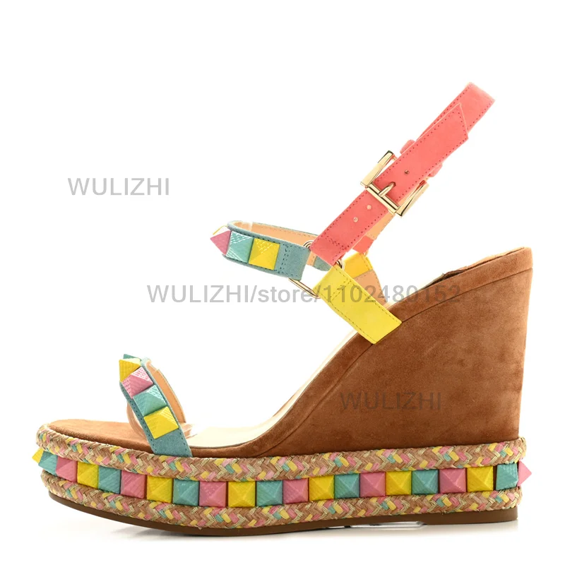 

Dark Brown Suede Wedge Heel Colorful Rivets Bordered Sandals Women Summer Open Platform Heel Ethnic Style Beach Sugarbaby Shoes