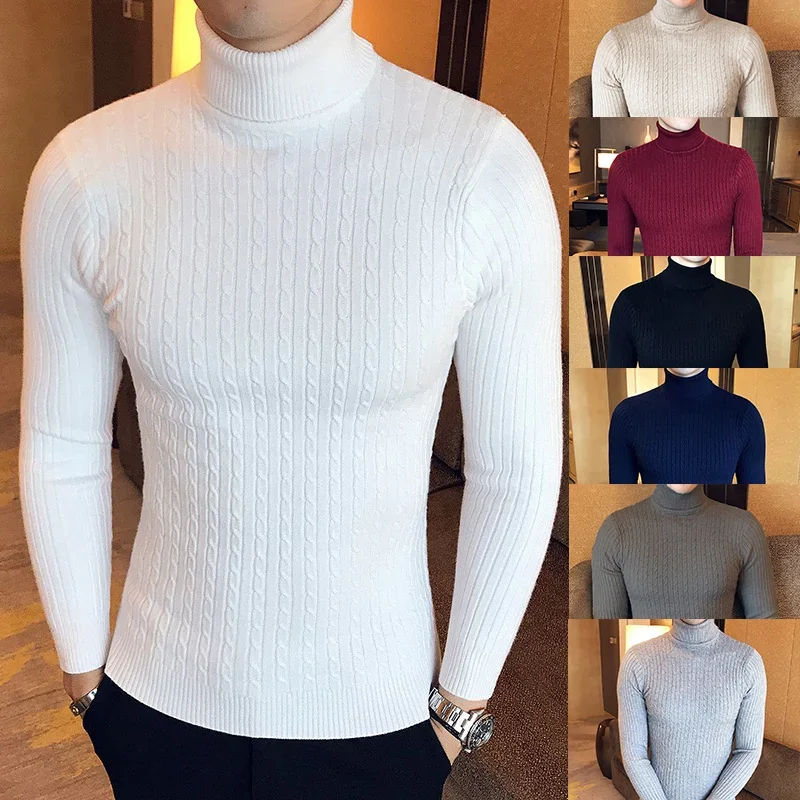 Zimowy gruby ciepły sweter z wysokim dekoltem męski sweter z golfem markowe męskie swetry Slim Fit sweter męski dzianina męski podwójny kołnierz — zdjęcie 2