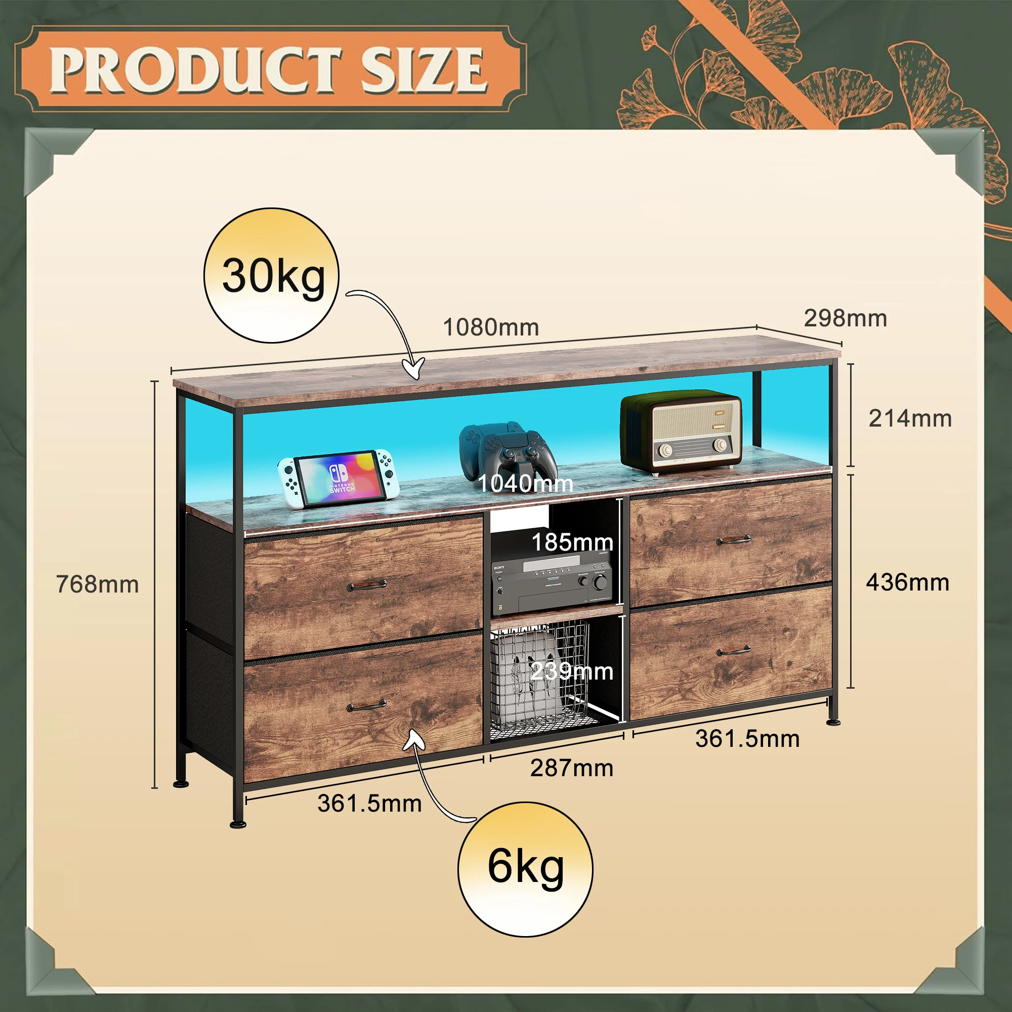 108cm TV-Schrank, Kommode mit 4 Stoffs chu bladen, Schubladen schrank für Küche, Büro, Flur, TV-Schrank mit Stoffs chu bladen