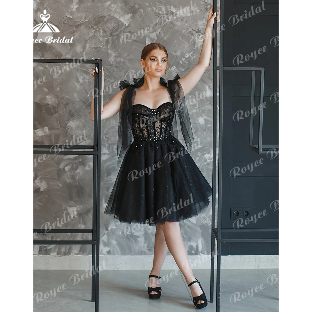 Vestido de casamento sexy preto com renda para mulheres, espartilho querido, laço para cima, corpo de beading, curto, cintas de espaguete, arco, vestido de noiva