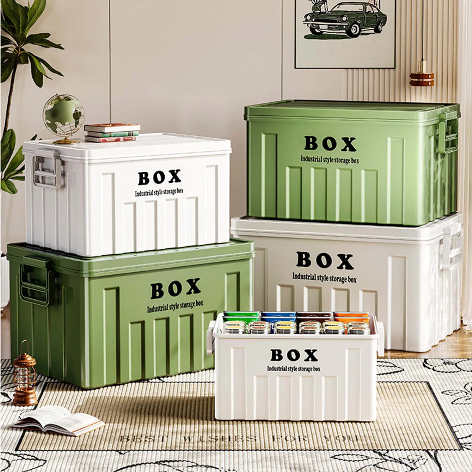 Bac de rangement empilable de grande capacité avec couvercle, boîte utilitaire avec poignées pour vêtements, collations, livres de jouets, idéal pour la randonnée 34x25x19,5 cm