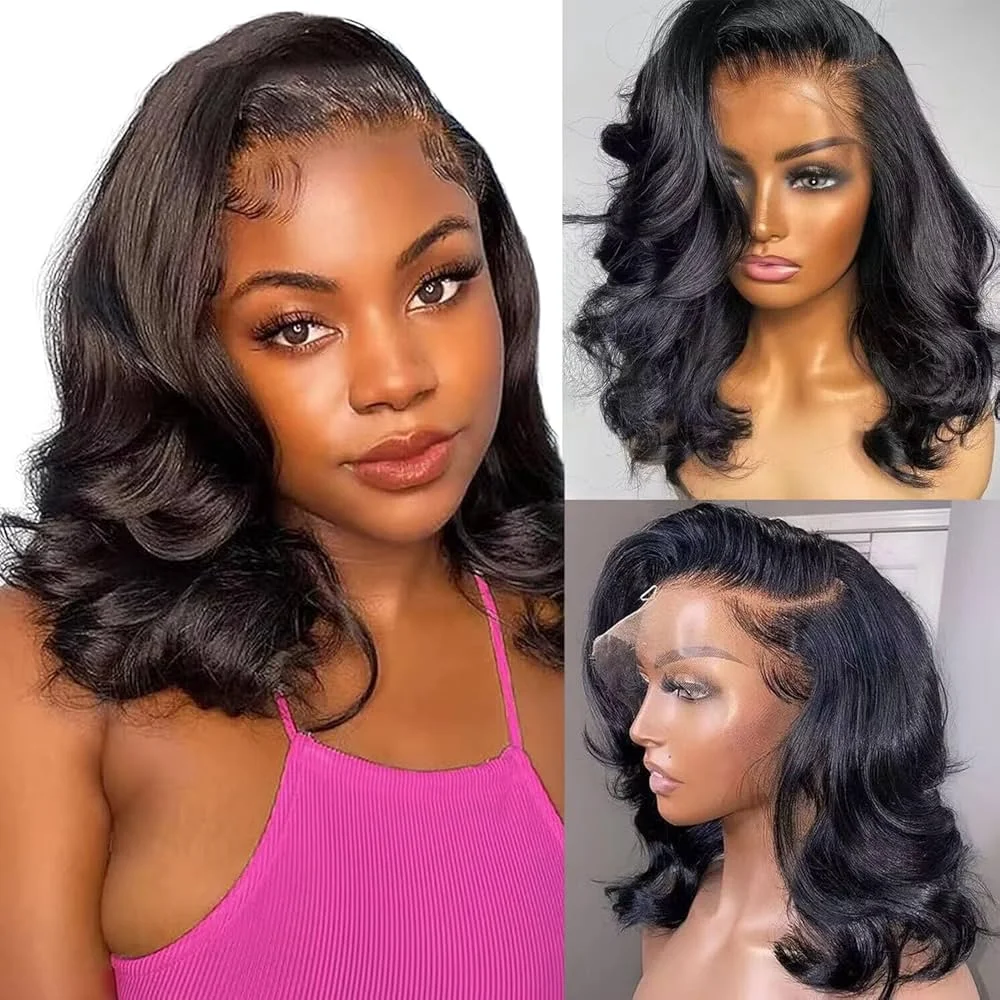 250% Body Wave 13x4 HD Lace Frontal Wig Short Bob Wig Human Hair Brazilian Hair Preplucked Glueless Wig Natural Wavy Bob Wigs image 3