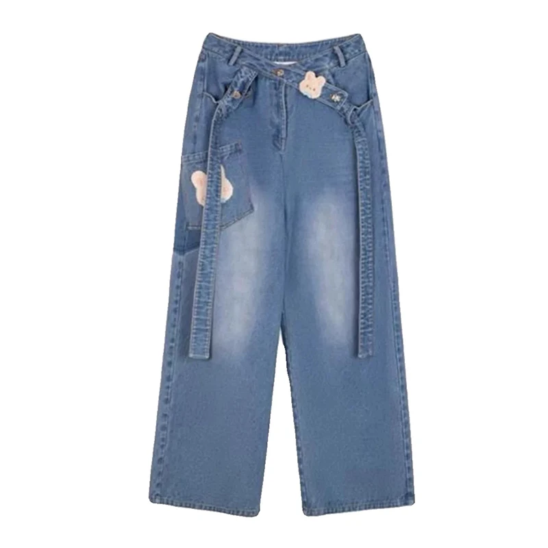 Women's Blue Rabbit Embroidered Cartoon Jeans Pocket Y2k 2000s American Casual Autumn And Winter New Design Straight Trousers