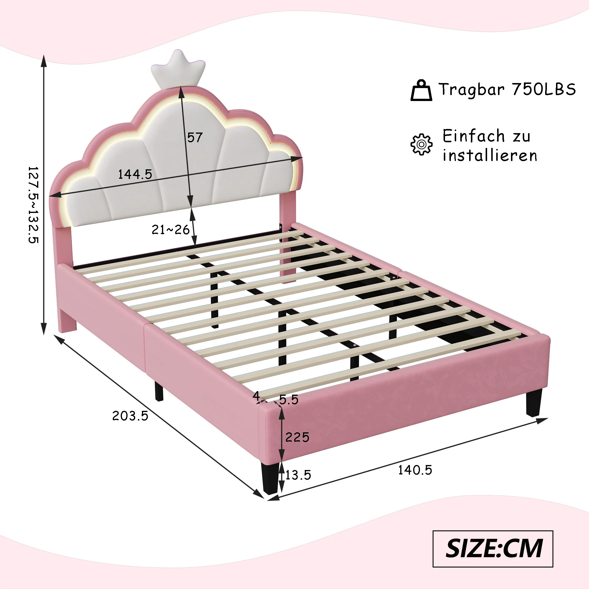 Comanlai 90/140x200cm eenpersoonsbed, LED kinderbedframe, kroonbed, prinsessenbed, tweepersoonsbed, tienermeisjesbed in fluweel