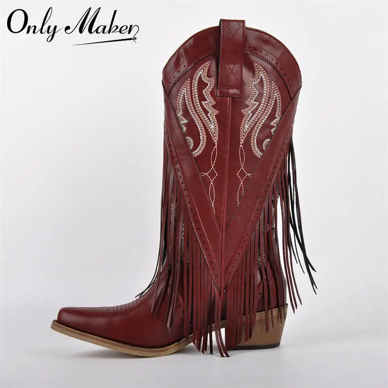 

Onlymaker Women Pointed Toe Fringe Pull On Retro Western Cowgirl Boots Fringed Chunky Heel Embroidery Cowboy Boots