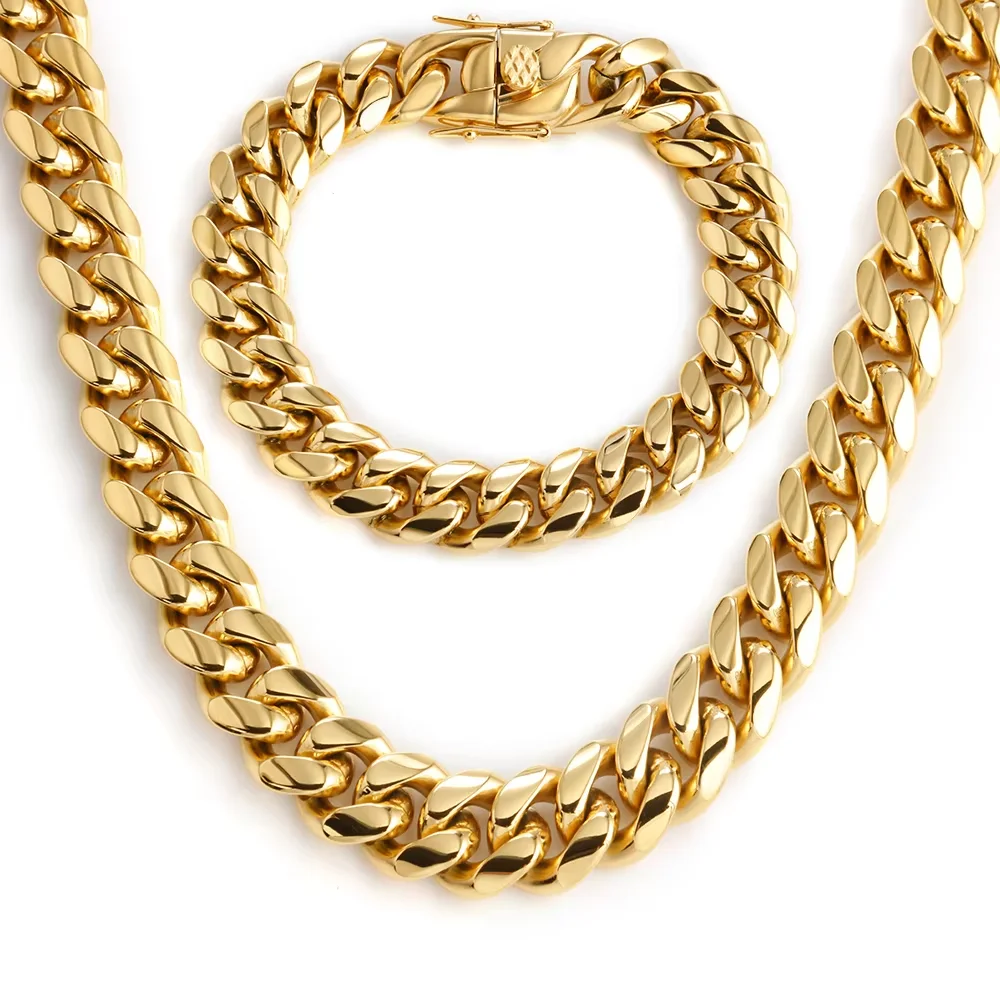 6-18mm Golden Miami Cuban Chain for Men Women Hip-hop Stainless Steel Necklace Bracelet Fashion Jewelry Pop Accessories