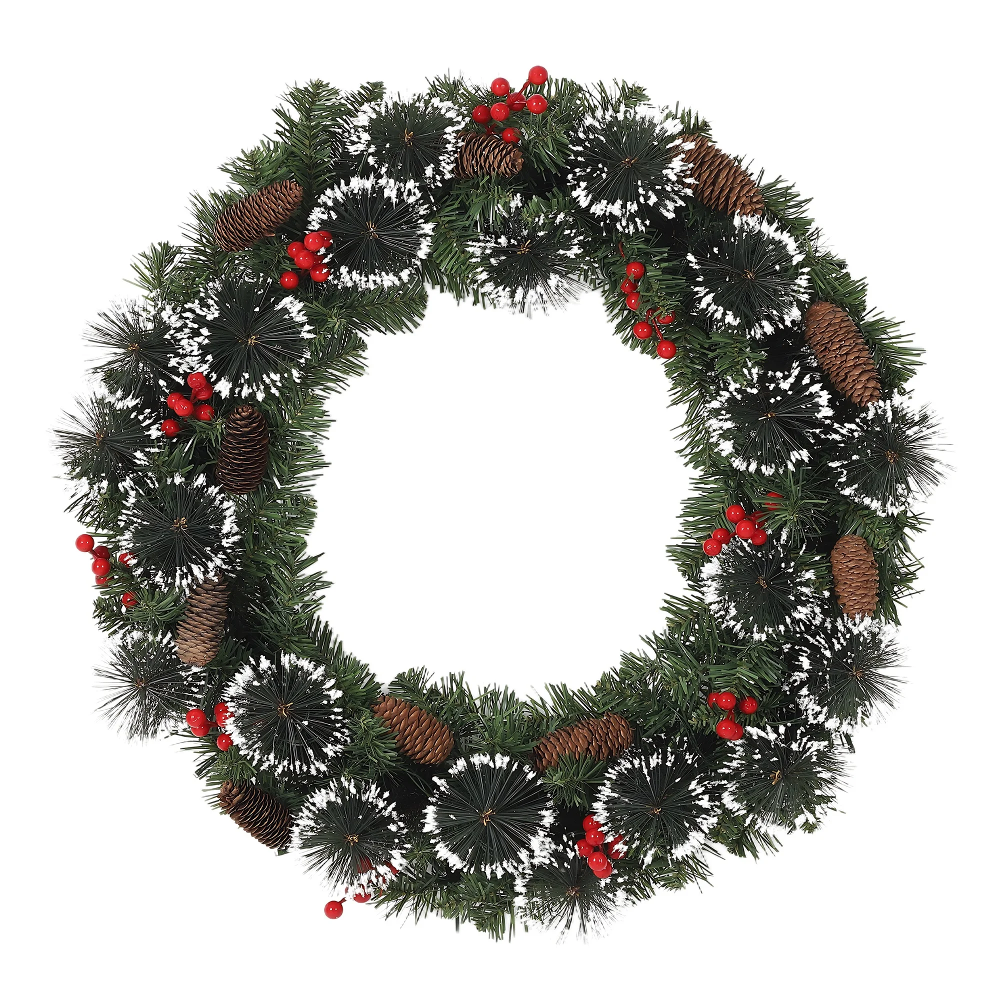 HiMISS Snow-Flocked Pine Christmas Wreath with Red Berries & Pine Cones ...