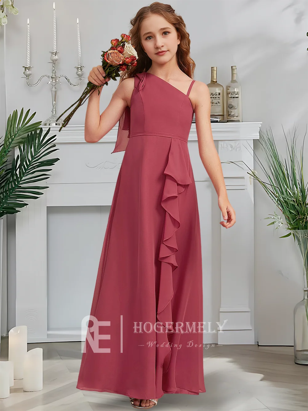 B Роскошное трапециевидное платье для подружки невесты, платье с цветочным узором для девочек, шифоновое платье длиной до пола, асимметричный стиль, идеально подходящее для вечеринки для девочек