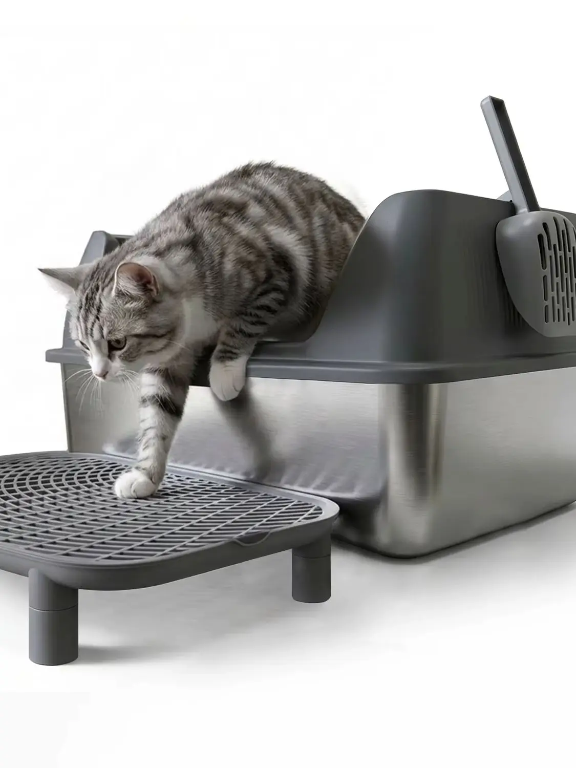 LEEJARD XL Katzenklo Edelstahl 60x40x25 cm Offen Katzentoilette mit Deckel & Hohem Rand für Große Katzen, Spritzsicher & Einfach zu Reinigen Metall-Katzenklo