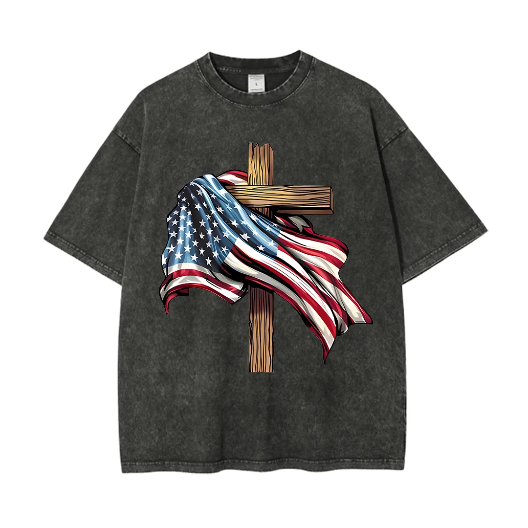 

Cross Flag Christian Washed T-Shirt Summer Comfortable Crewneck Short Sleeve Oversize T Shirts Vintage Men Women Streetwear Tees