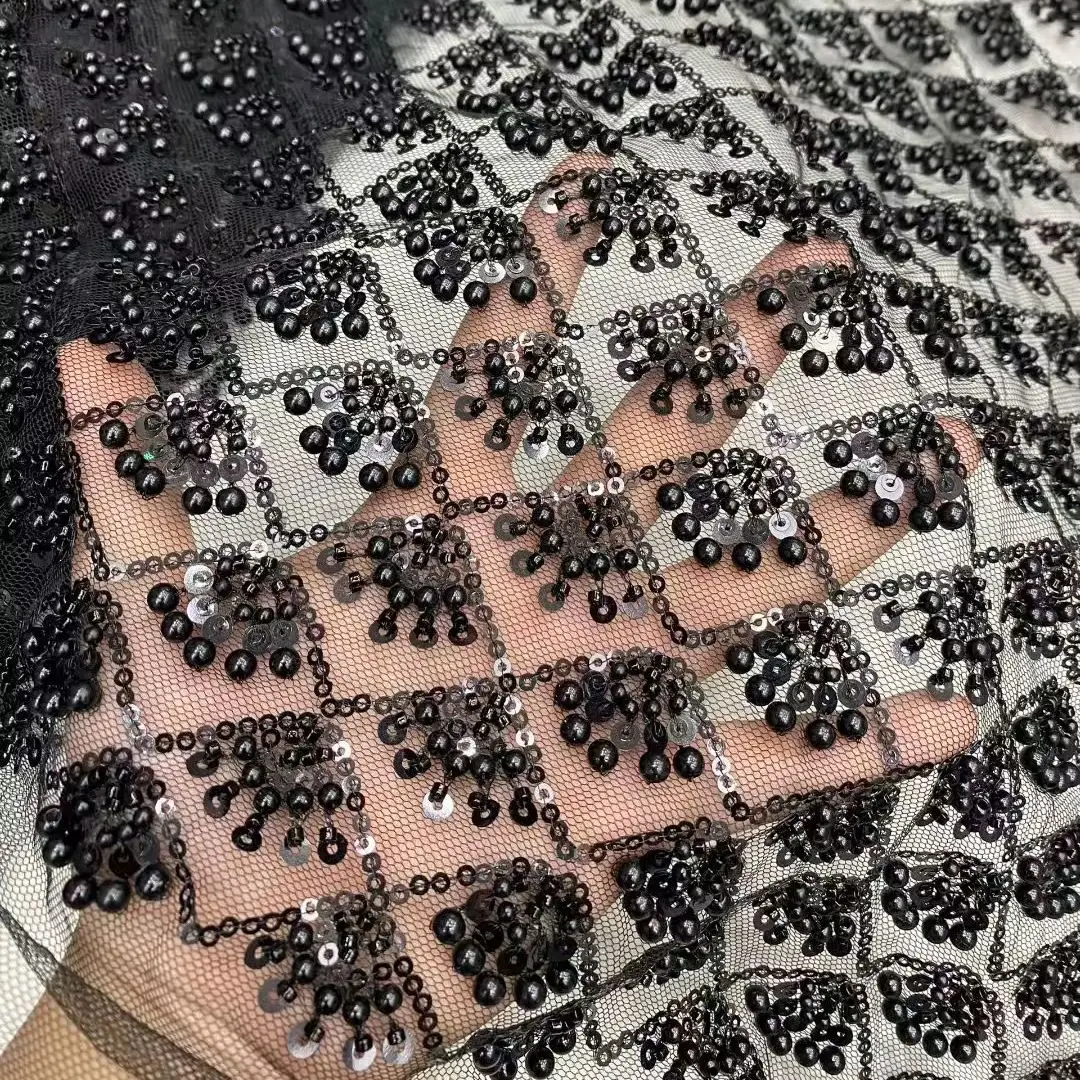 

Black African Sequins Beaded Lace Fabrics 2026 High Quality Sequence Embroidery Nigerian Lace Fabric For Women Wedding Sewing
