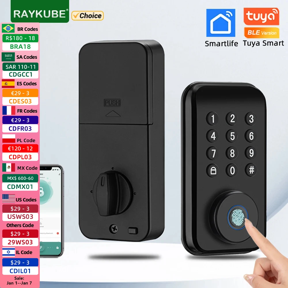 RAYKUBE DS02 Tuya BLE Smart Fingerprint Deadbolt Lock with Latch/Door Sensor Auto Lock Key/Password/ Tuya Smartlife APP Unlock