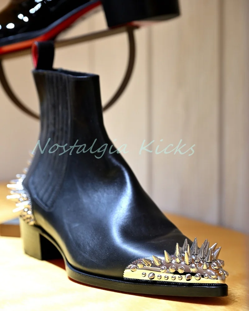 

Designer Black Spiked Decor Men's Chelsea Boots Genuine Leather Western Studded Ankle Boots Casual Pointed Slip On Footwear