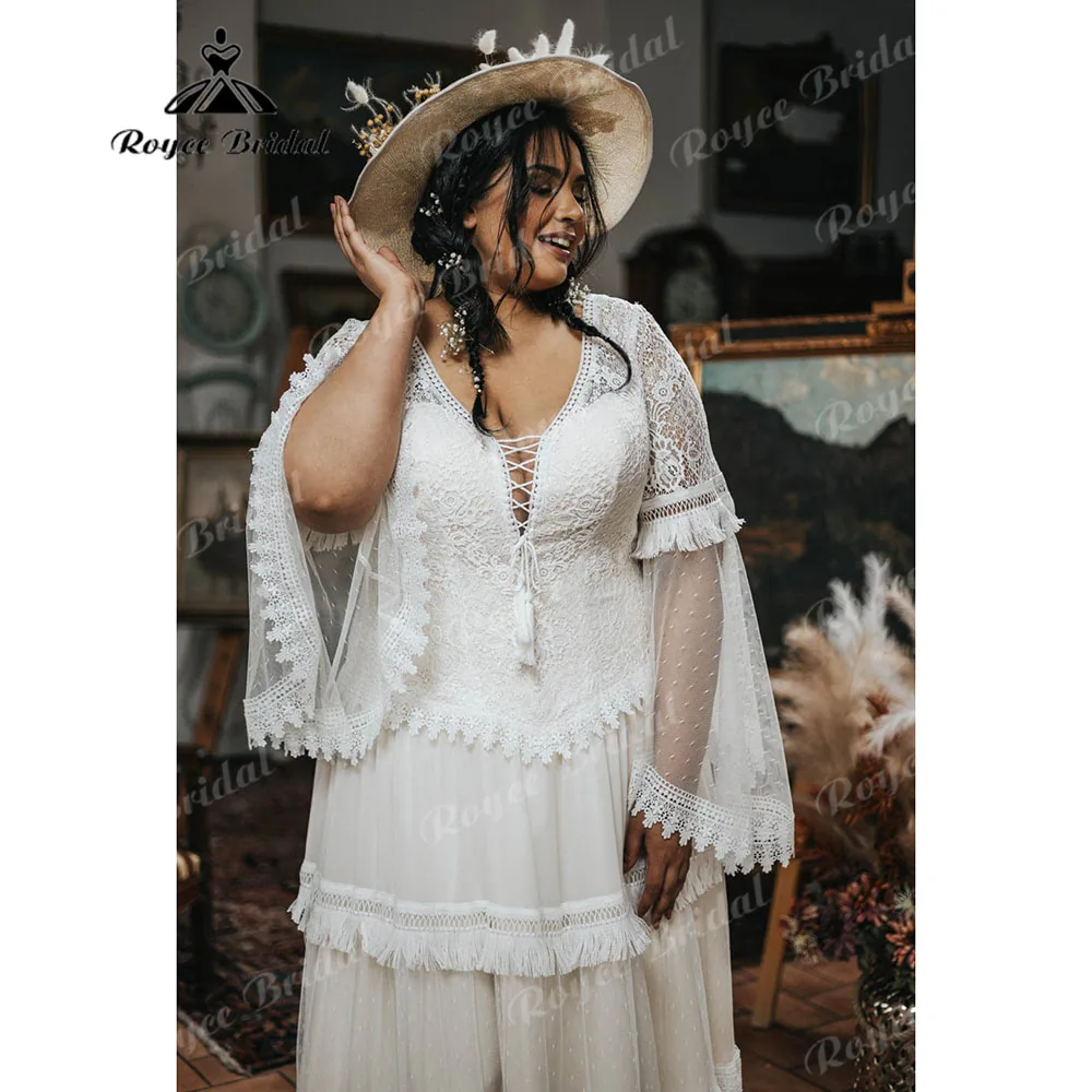 Vestido de novia de manga larga con cuello en V para mujer, traje de novia bohemio con borlas para playa, talla grande, 2024