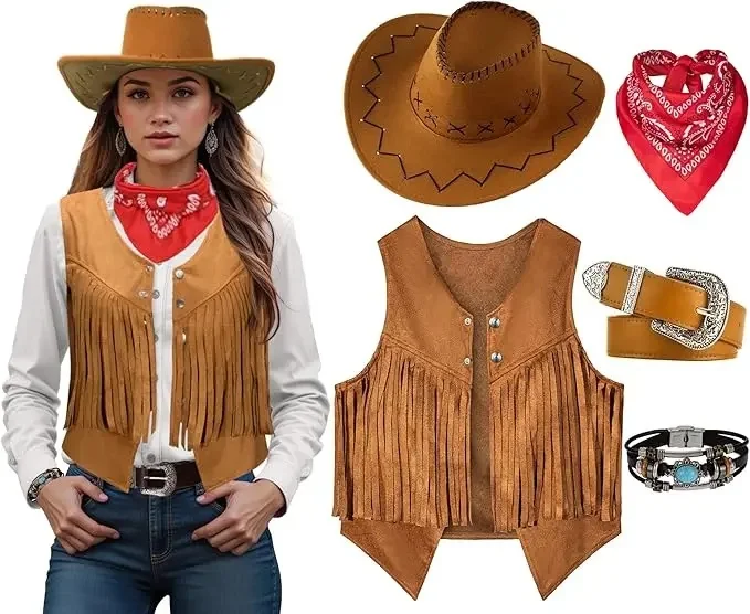 Vrouwen Mannen Cowgirl Kostuum Westers Vest Hoed Riem Bandana Set voor Cowboy Kwasten Fringe Vest Halloween Outfits Wild West Cosplay - afbeelding 2