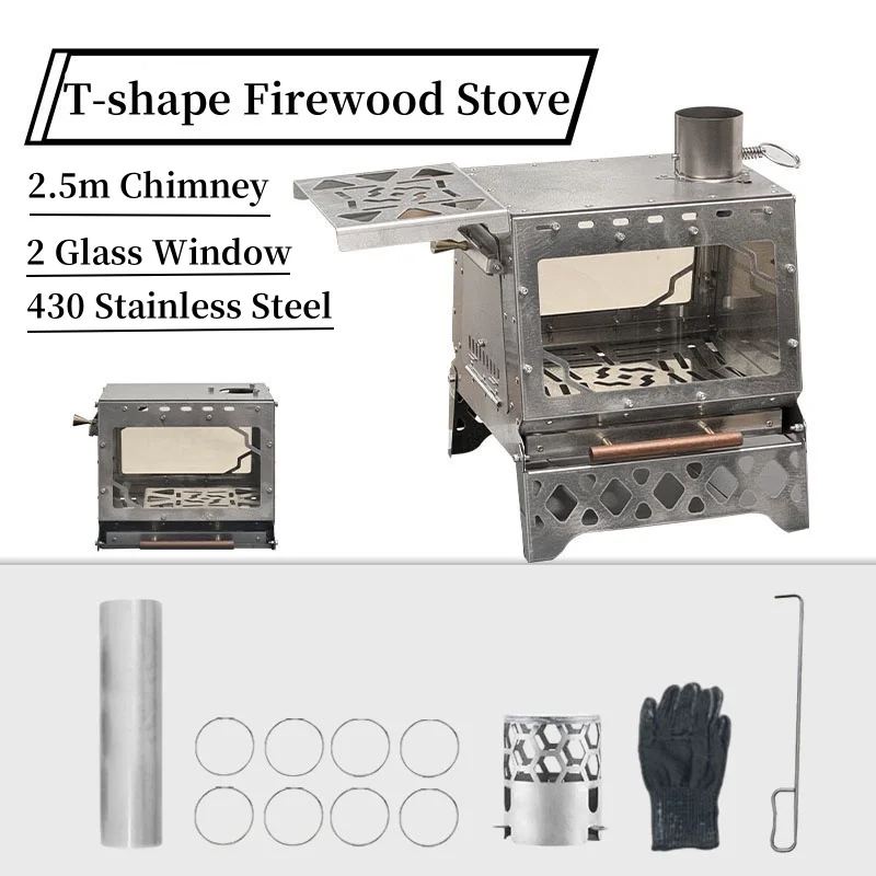 

Camping Brazier T-Shape Fire Wood Heater 430 Stainless Steel Tabletop Camping Wood Stove 2 Windows 2.5m Chimney Hot Tent Stove