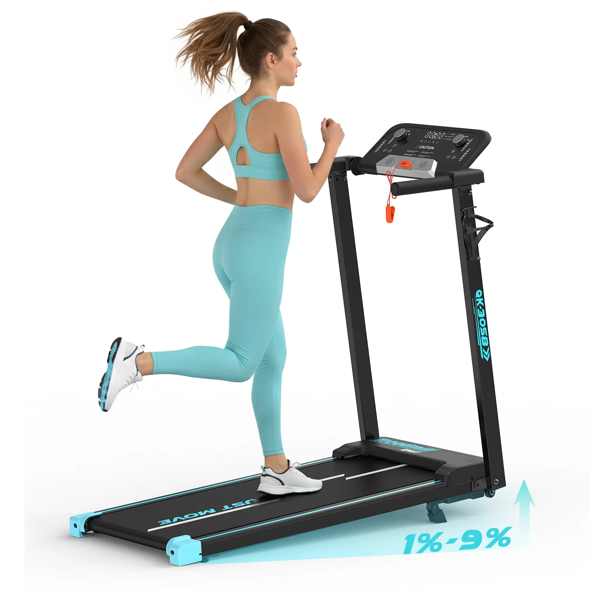Opvouwbare loopband met een hellingshoek van 0-9%, een stille motor met een piekvermogen van 3,0 pk, een snelheid van 1-14 km/u, dubbele bedieningsknoppen, led-display, een draagvermogen van 130 kg,