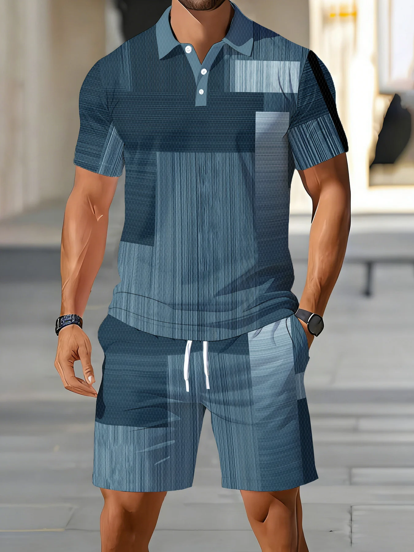 Men'S Fashion Polo - เสื้อโปโลแขนสั้นผู้ชายสไตล์อเมริกันประจำฤดูร้อนปี 2026 พร้อมกางเกงขาสั้นเข้าชุด ลายพิมพ์แนวตั้ง 3 มิติ