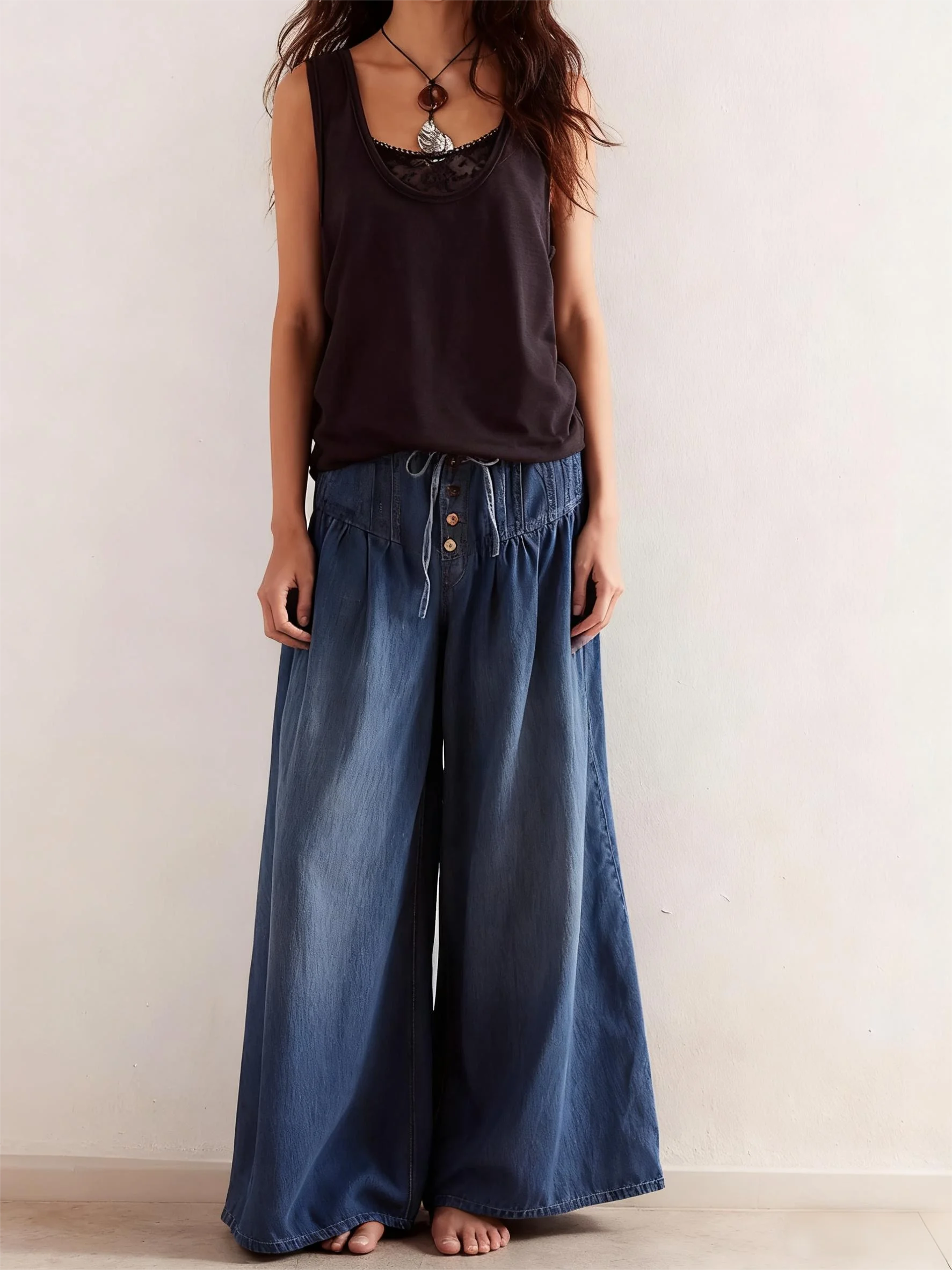 Jean plissé taille moyenne avec cordon de serrage, nouveau style, ample, jambes larges, pour femmes