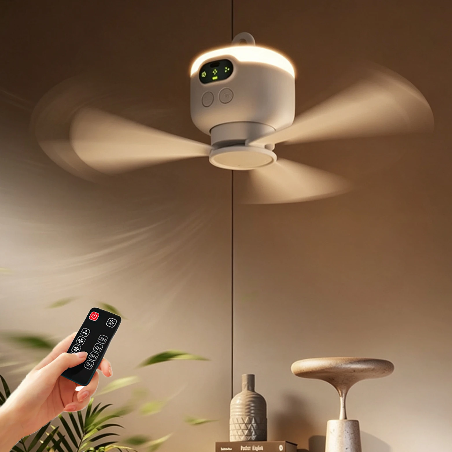 Ventilador de Techo Recargable por USB de 8000 mAh con Lámpara Nocturna, Control Remoto, para Dormitorio, Camping, Exteriores, Ventilador Colgante para Tienda de Campaña