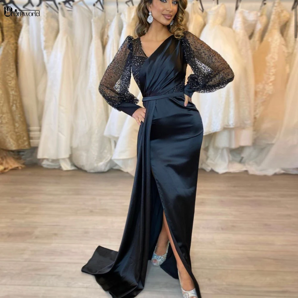 

Simple Black Mermaid Prom Dresses with Sparkling Sleeves V-Neck Sexy Slit Formal Evening Gowns Long Satin Vestidos De Gala 2022