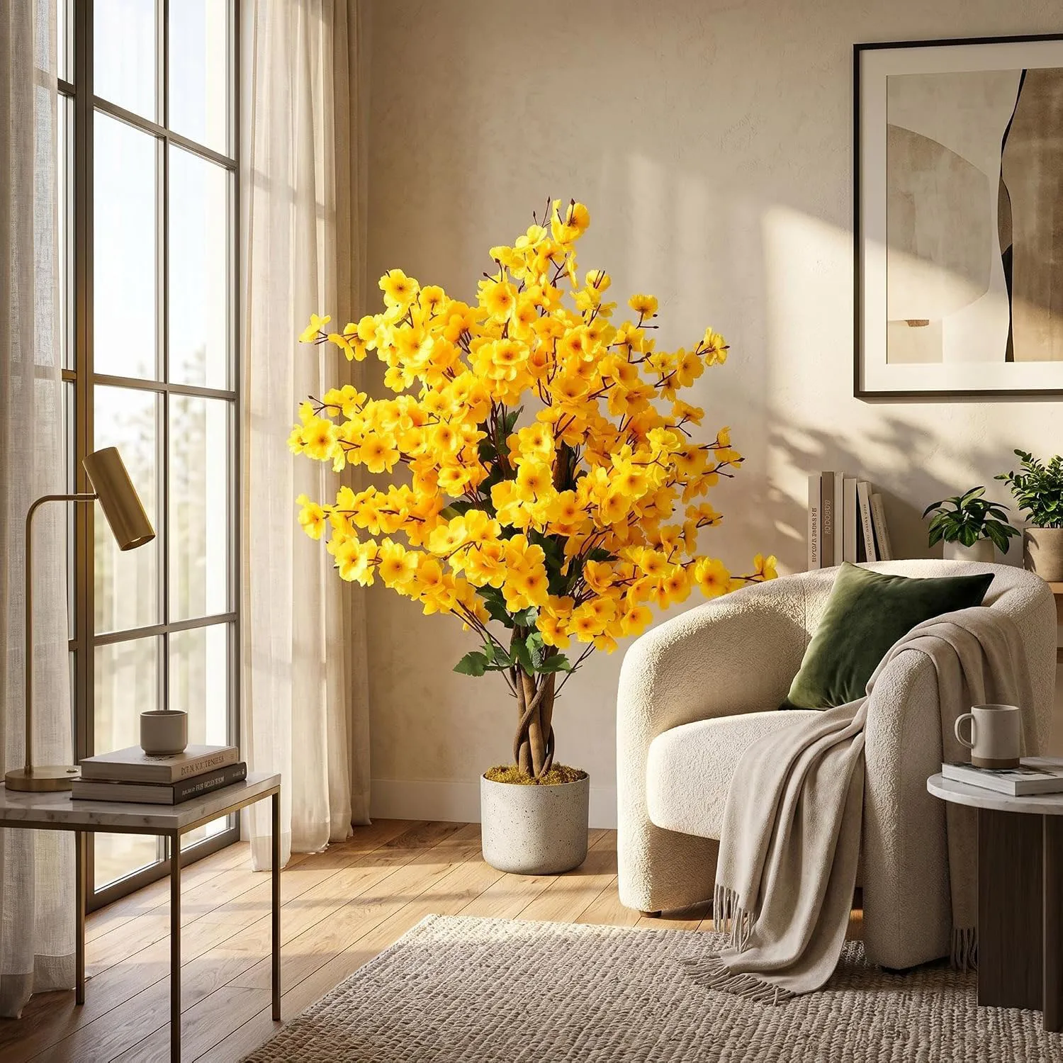 HiMISS 90cm Künstlicher Winterblütenbaum mit weißem Topf, künstlicher Blumentopfbäum mit lebensechten gelben Pflaumenblüten für die Dekoration von Wohnzimmer, Büro und Zuhause.