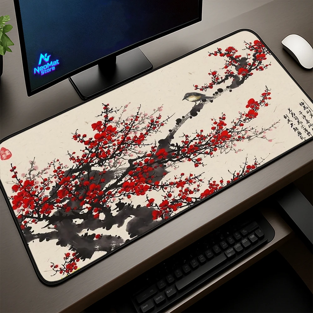 Japanese Mouse Pad Ink Floral XL Gaming 90x40 Cherry Blossom Red Plum Branch Traditional Art Desk Mat Accessories