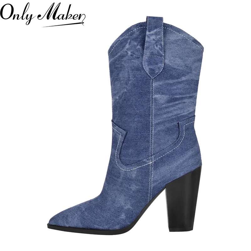 

Onlymaker Women Denim Pointed Toe Mid-Calf Chunky Heel Western Boots Thick Heels Fashion Cowboy Boots