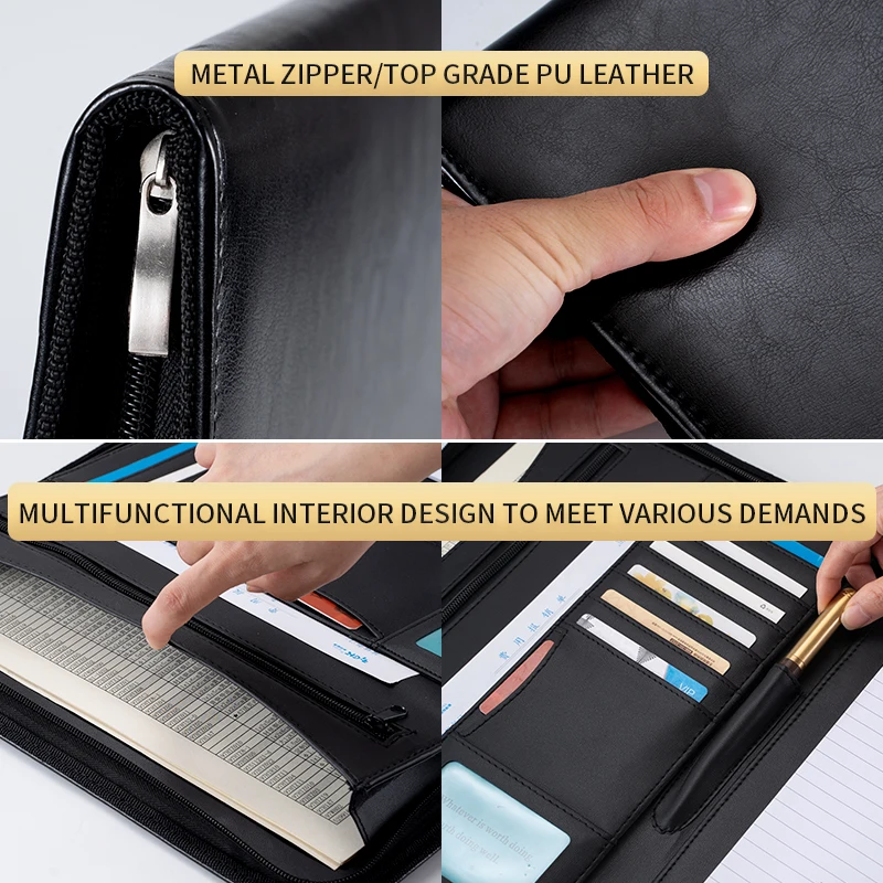 Black Professional Business Leather Portfolio For Men,A4 Leather Writing Pad Folder With Zipper,Leather Padfolio Folder