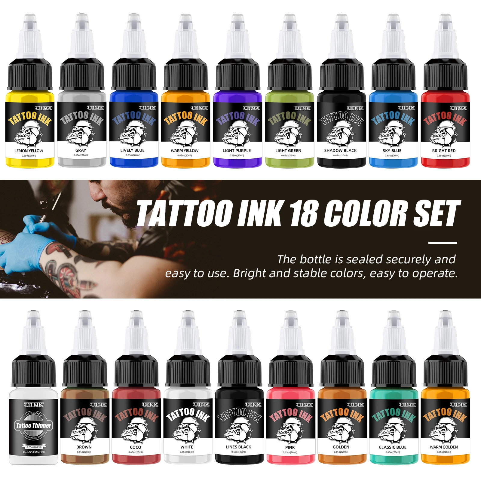 Uink 18 pcs Tattoo Ink Set 20ml (0.65OZ) Tattoo Pigment Easy To Color Long Lasting Body Art Multi-Color Tattoo Ink Kit