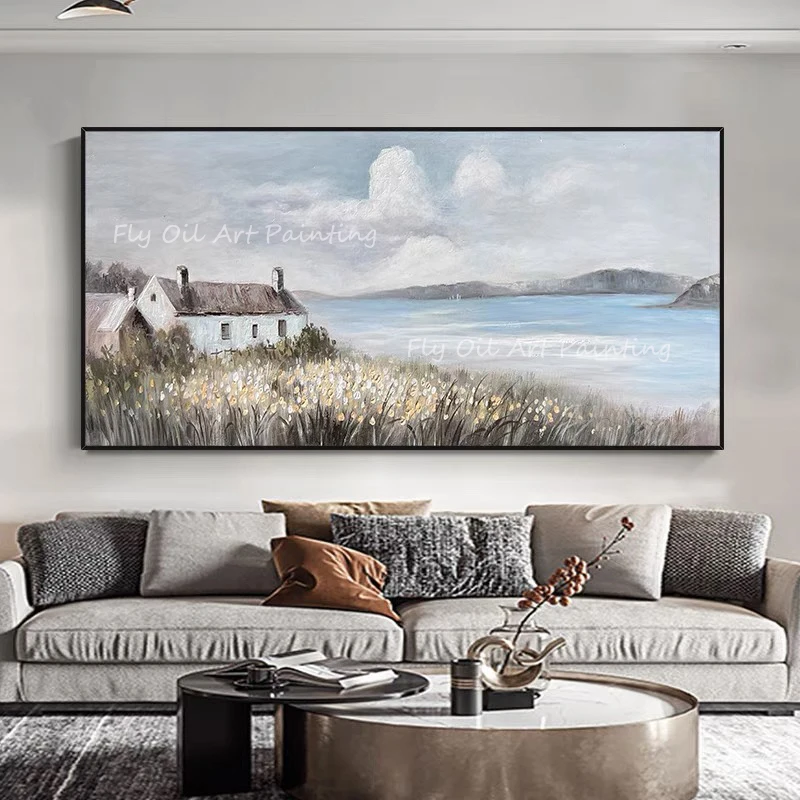 

100% Handmade high quality ocean seaside white cloud house Oil Painting Porch Aisle Decoration as a gift