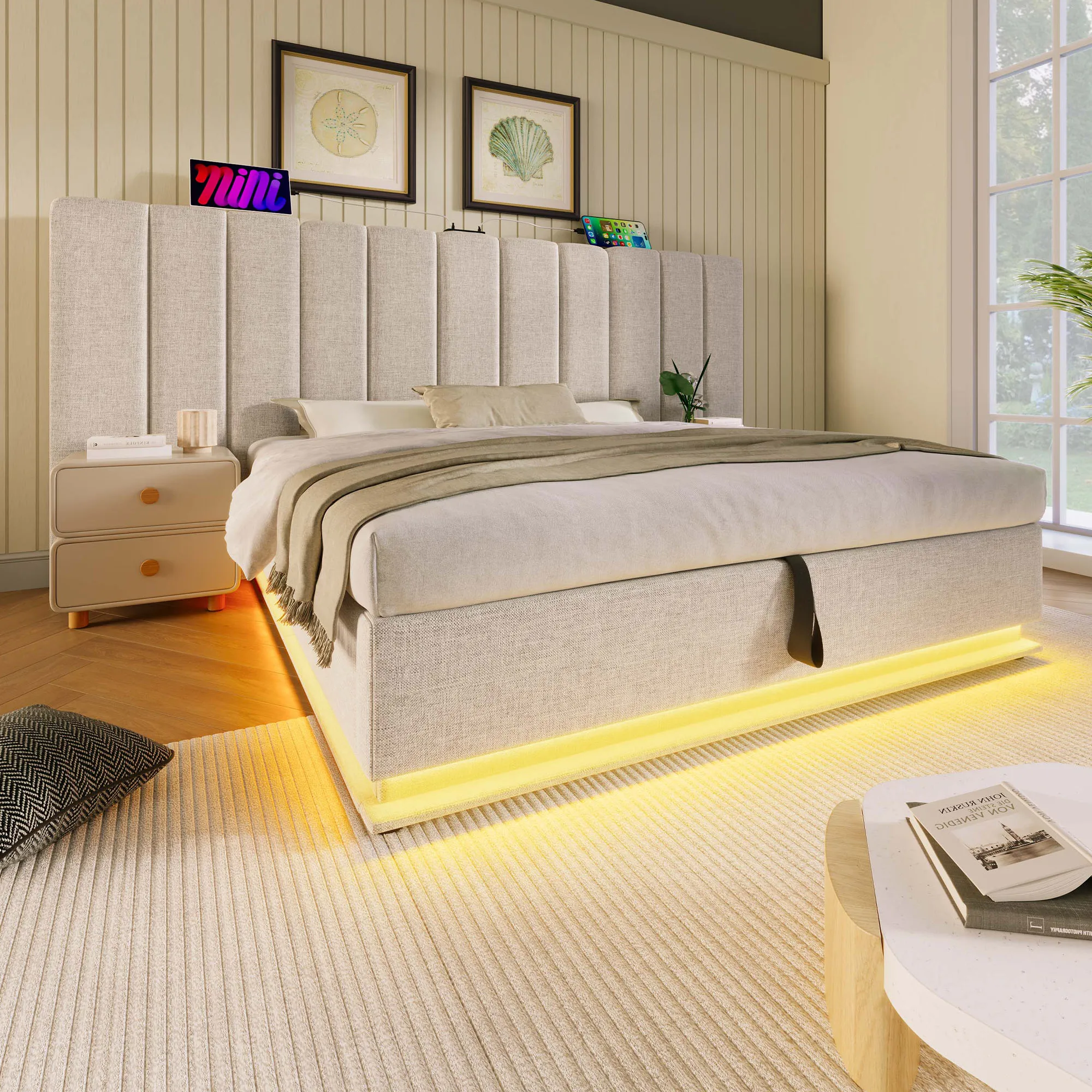 Polsterbett 180x200 cm mit Stauraum, LED-Beleuchtung und USB-C Ladefunktion, Doppelbett in Beige aus Leinen für Schlafzimmer, Bettgestell mit Lattenrost und Gaslift, 3 USB + 1 Type-C, ohne Matratze