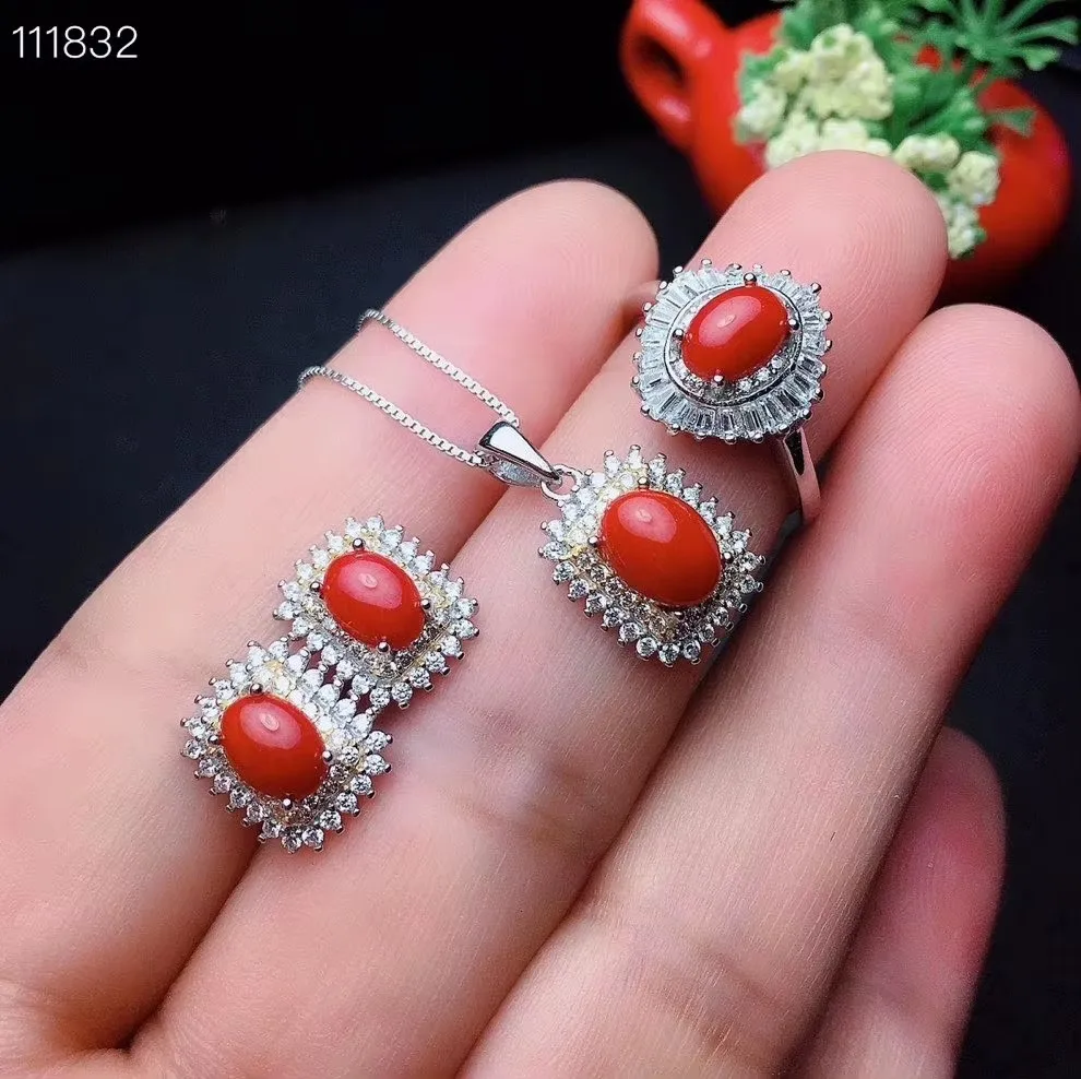KJJEAXCMY Jewelry Girls' Natural Square Red Coral Gemstone Necklace Pendant Ring Earring Set 925 Pure Silver Plated Platinum