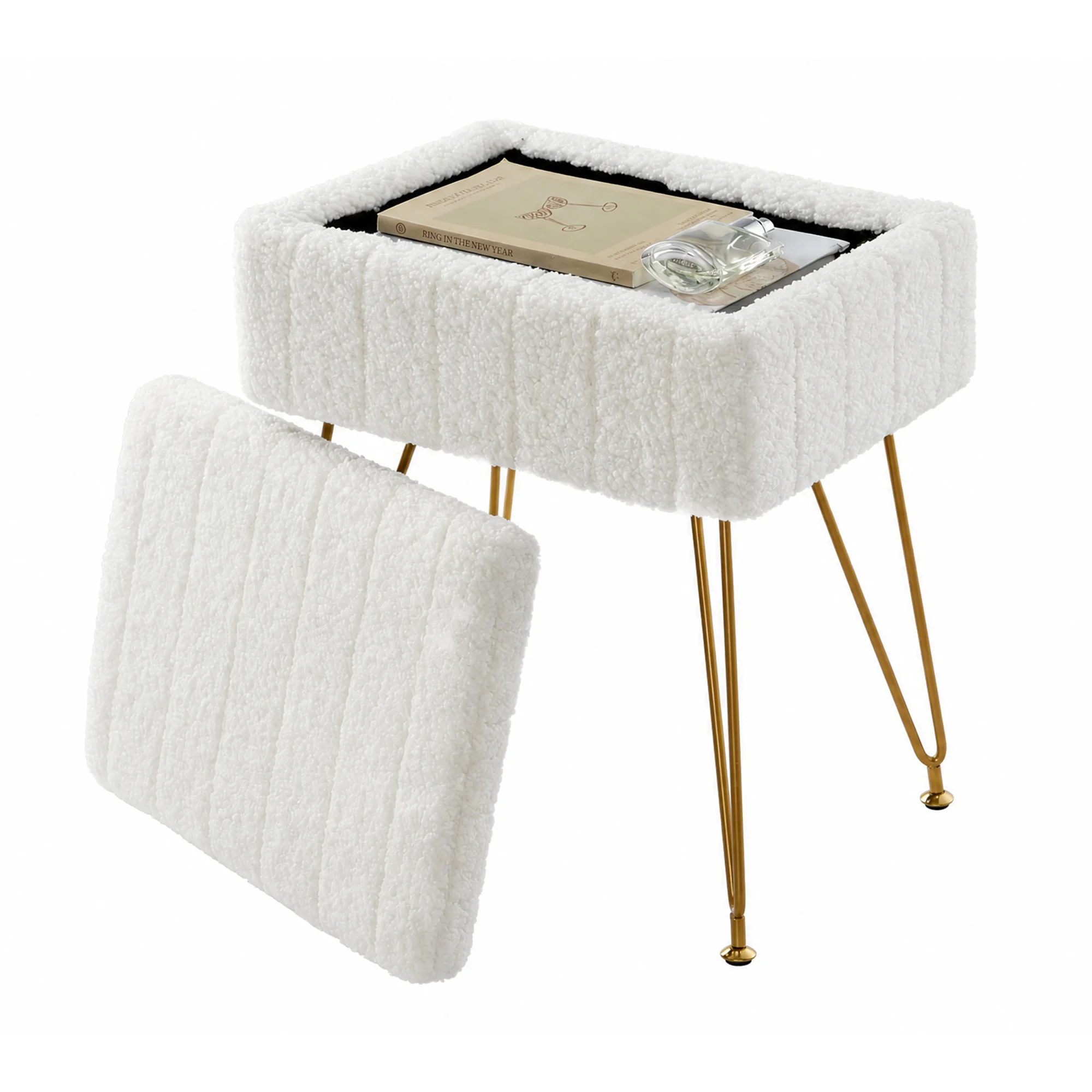 Pouf de coiffure avec rangement intégré, tabouret blanc en molleton Teddy doux, assise rembourrée 15,7 × 11,8 × 18,7 pouces, pieds en métal doré et pieds réglables, pour chambre, salon et coiffeuse