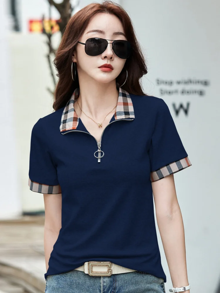 Zwart T-shirt met korte mouwen Dames Plaid Polo Hals Rits Katoen Slanke Kantoor Korte T-shirt Femme Zomer Wit Grijs Blauw