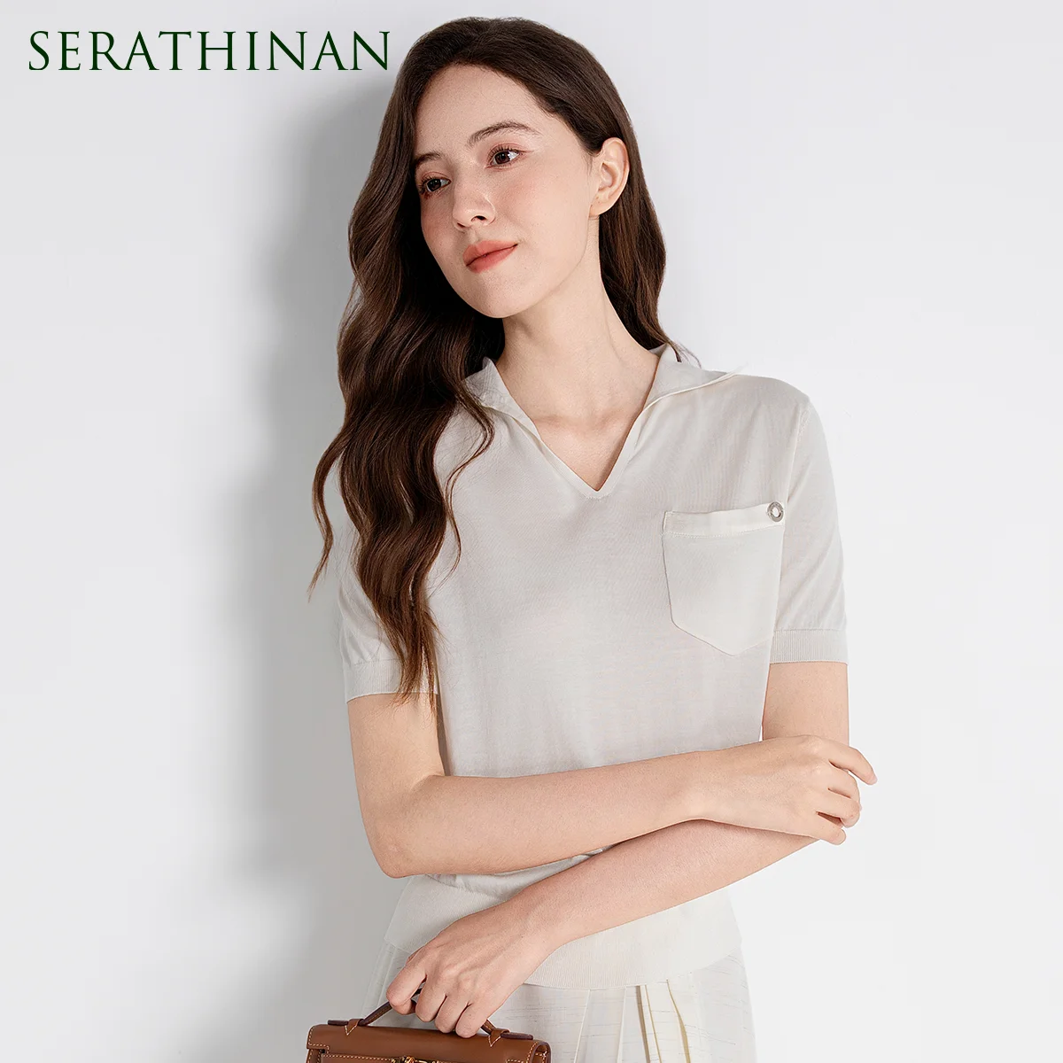 TH861144 Luxury Spun Silk Sweater Women's LP Pullover Satin Trim Pocket V-Neck Short Sleeve Slim Fit Ribbed Top