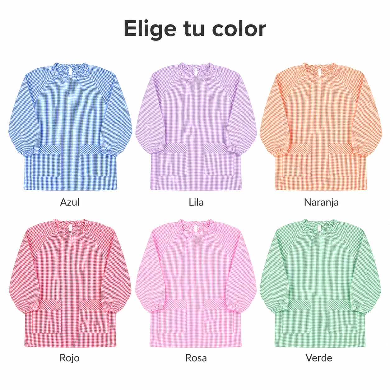 Bata Escolar Infantil Babi Cuadros Vichy Sin Botones con Cuello y Puños Elásticos Unisex Niño Niña Guardería Preescolar Colegio Manualidades Pintura Vuelta al Cole Tallas 1-7 Años Varios Colores