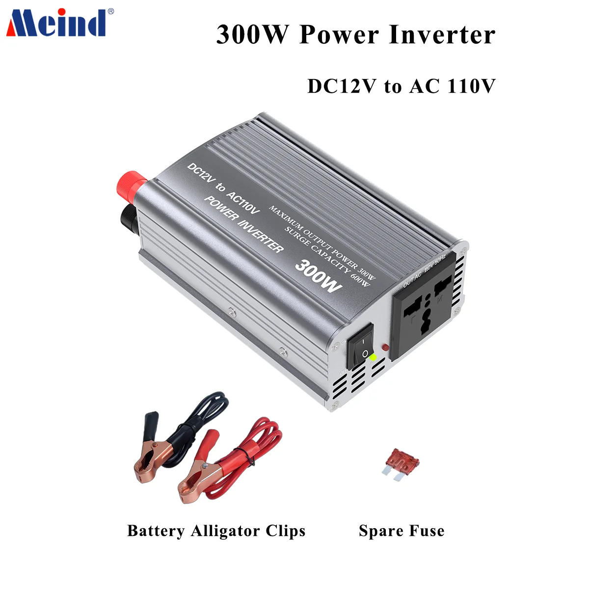 MEIND 300Watt Modified Sine Wave Power Inverter DC 12V to AC 110V Car Plug Inverter Adapter Power Converter with AC Outlet