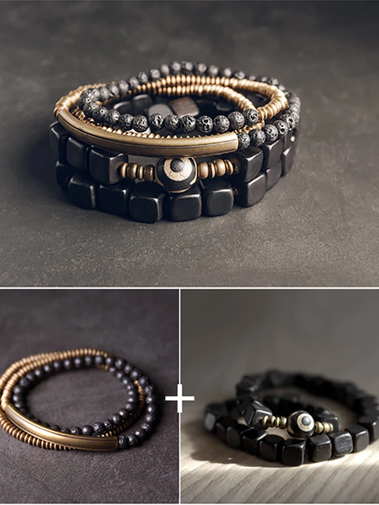 Set Ebony Brass Two Tone Rustic Hand Forged Bracelet Oxidized Hammered Charm Jewelry Individual Wrist Accessory Unisex