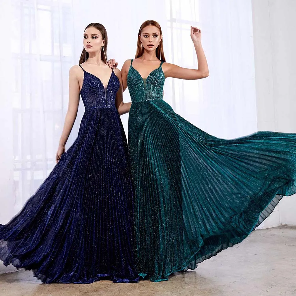 New Design Emerald Green Long Prom Dresses Spaghetti Strap Beading Pleated Formal Women Party Gown YQLNNE