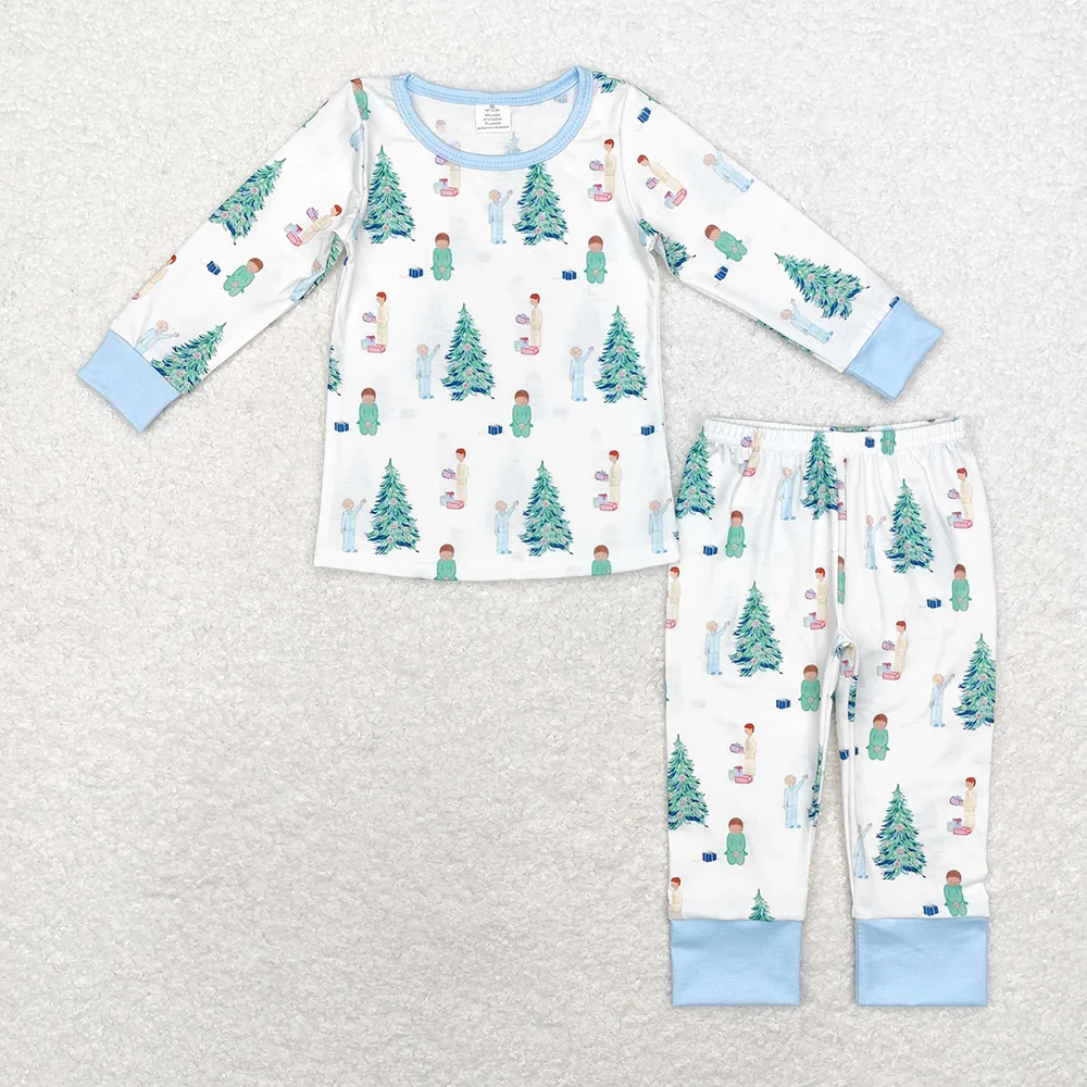 Match Toddler Boys Girls Christmas Tree Gift Blue Pink White Long Sleeve Pajama Set Dress Wholesale Kid Clothes