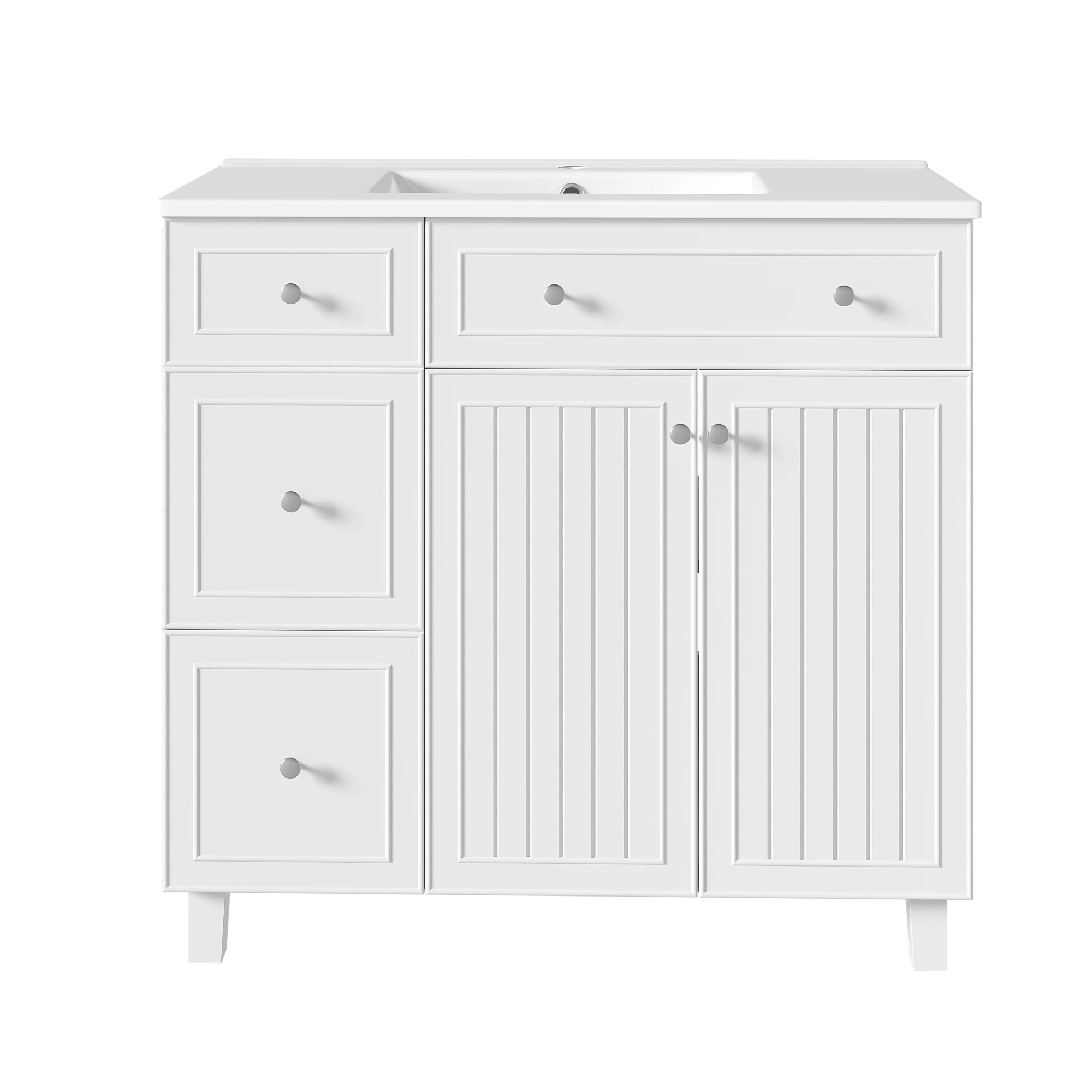 91,5 x 46,5 x 89 cm, witte, vrijstaande badkamermeubel, modern, minimalistisch ontwerp, met geïntegreerde wastafel, geverfd oppervlak, scharnieren met zachte sluiting, verstelbare planken.