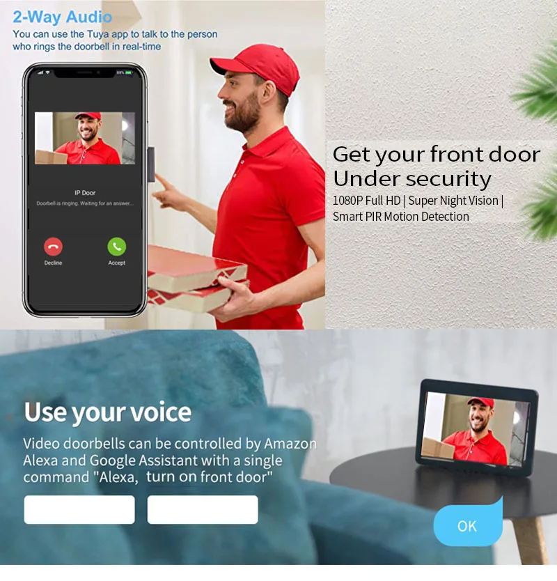 Sistema de intercomunicación para timbre de puerta, 10,1 pulgadas, HD, Color, 1080P, CMOS, Wifi, aplicación Tuya, IR, visión nocturna, cámara CCTV,