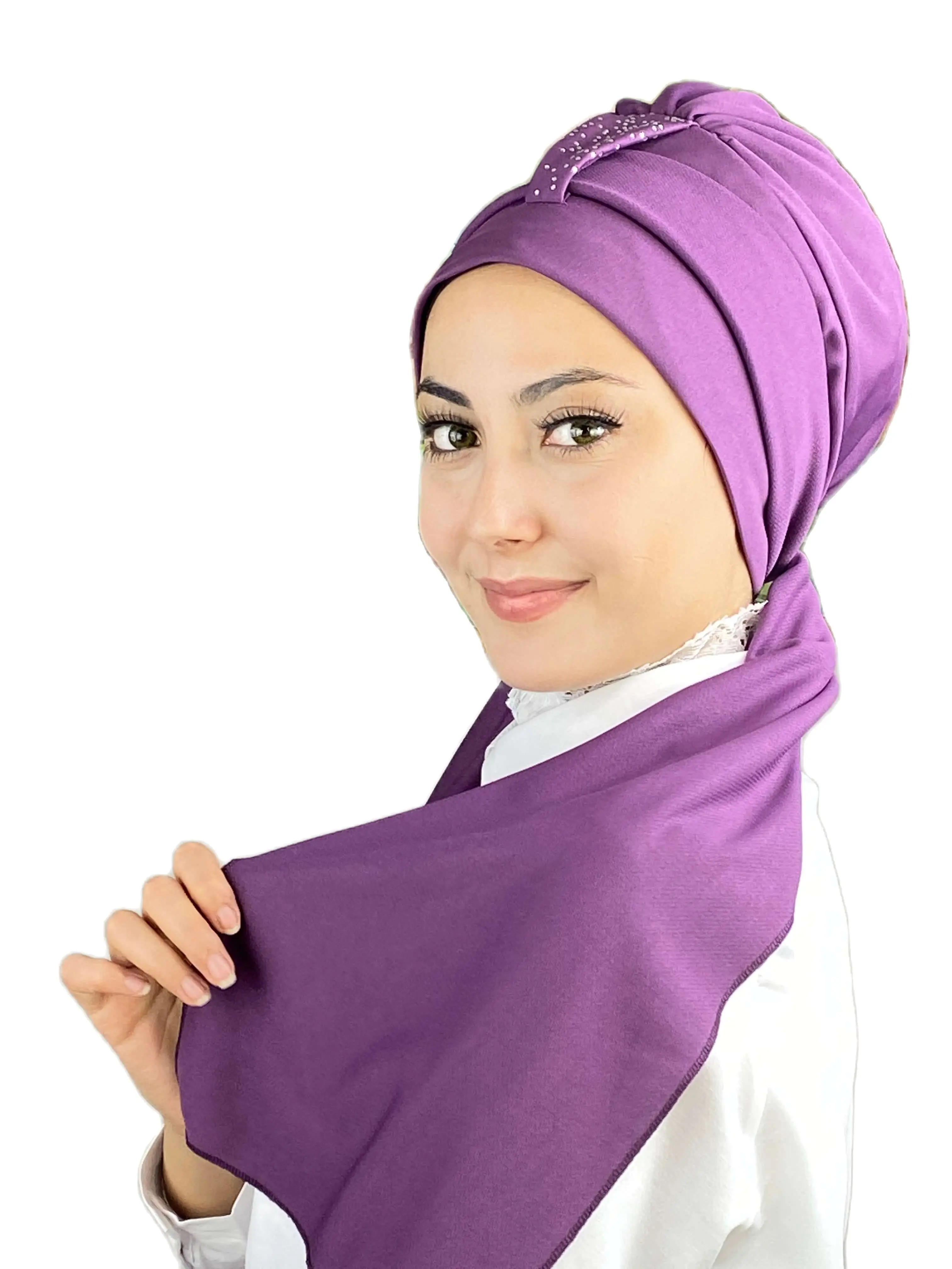 2023 New Fashion Hijab Woman\'s Hat Islamic Top Wear Foulard Shawl Hürrem Stone Single Piece Scarf Light Purple Bonnet