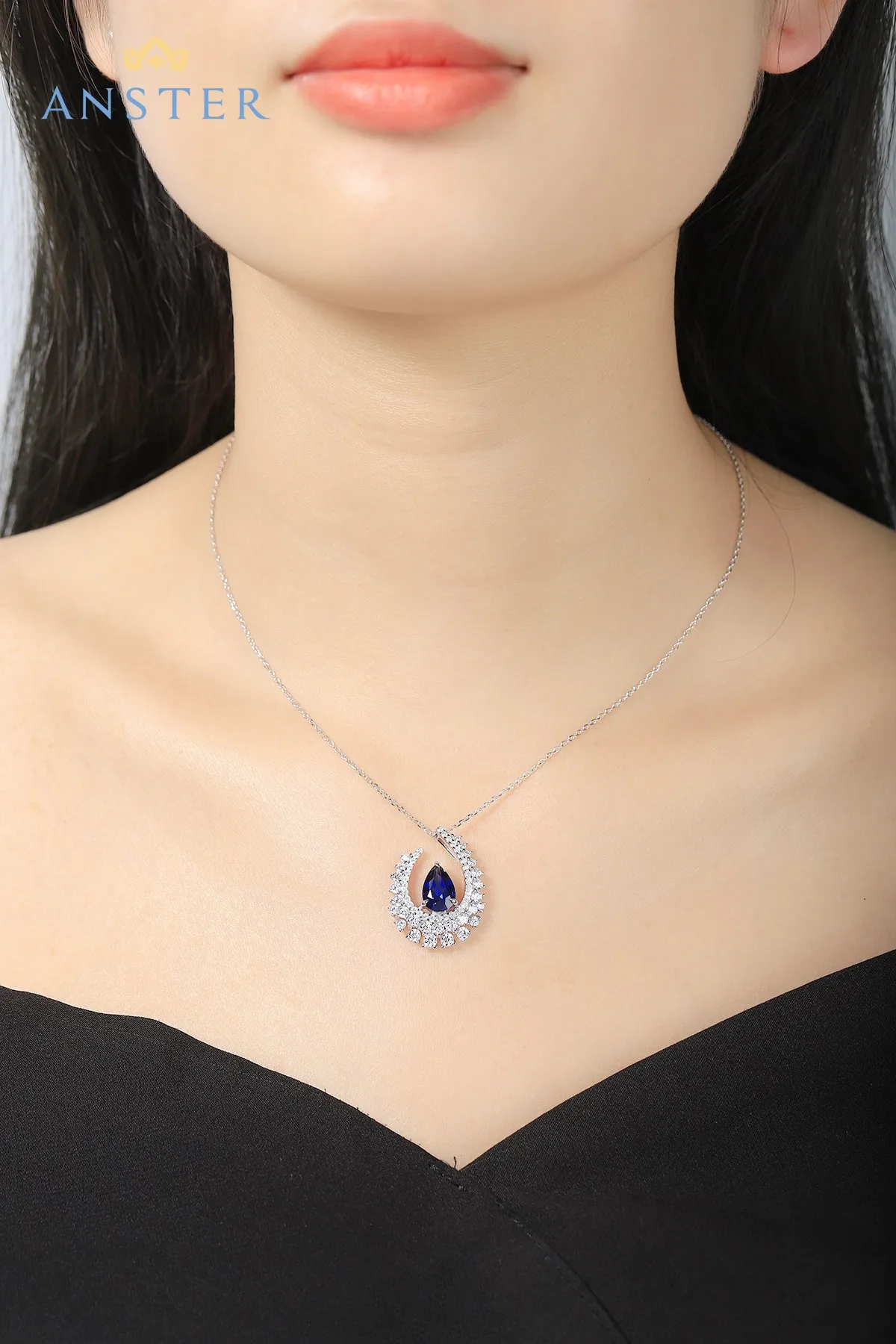 Silver Pendant Necklaces for Women Pear 2ct Lab Grown Ruby Sapphire Emerald 925 Sterling Silver Necklace Wedding Gift Idea