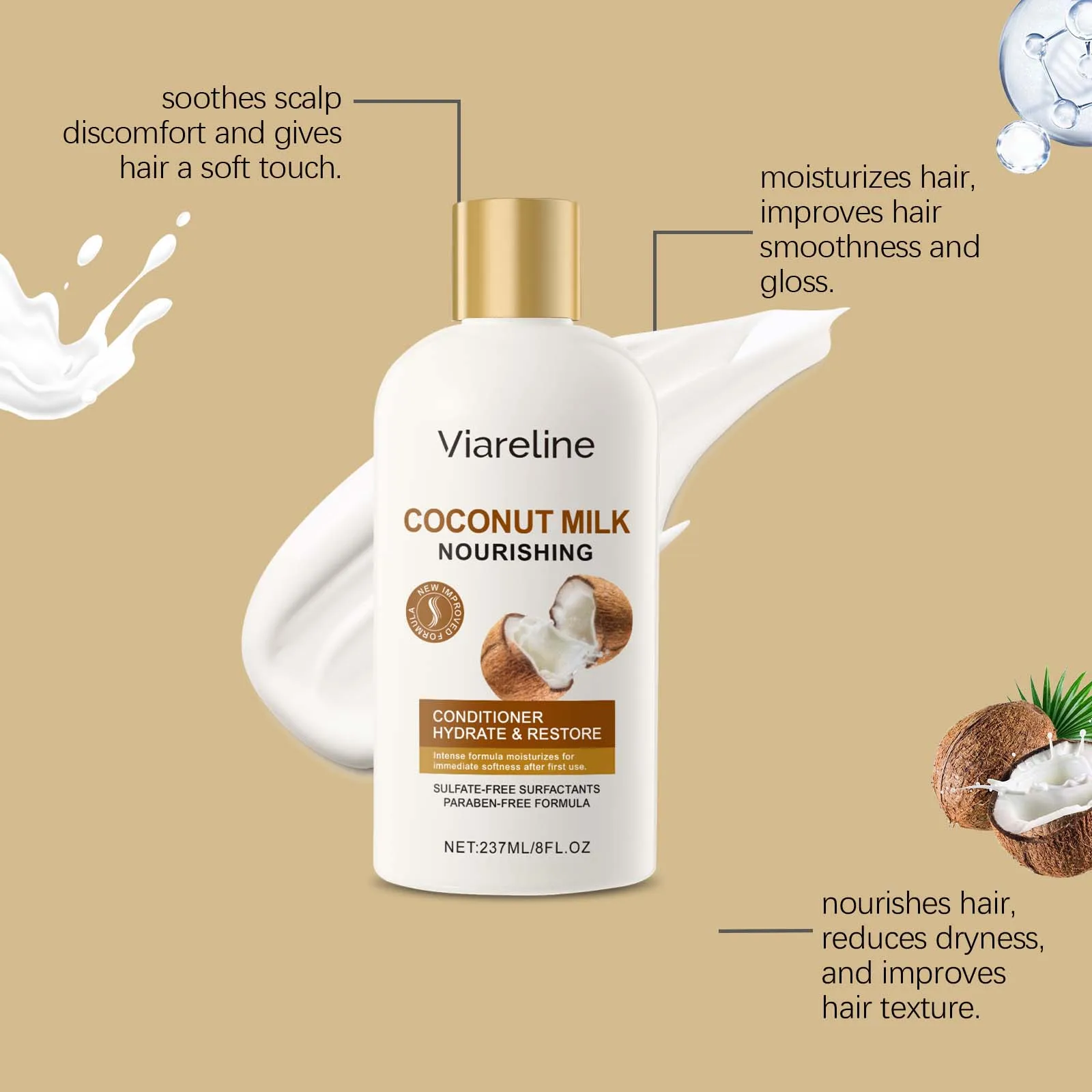 Viareline 237 مللي بلسم شعر حليب جوز الهند للتحكم في الزيوت تغذي فروة الرأس تكثيف تحسين تجعد سبليت ينتهي بلسم الشعر