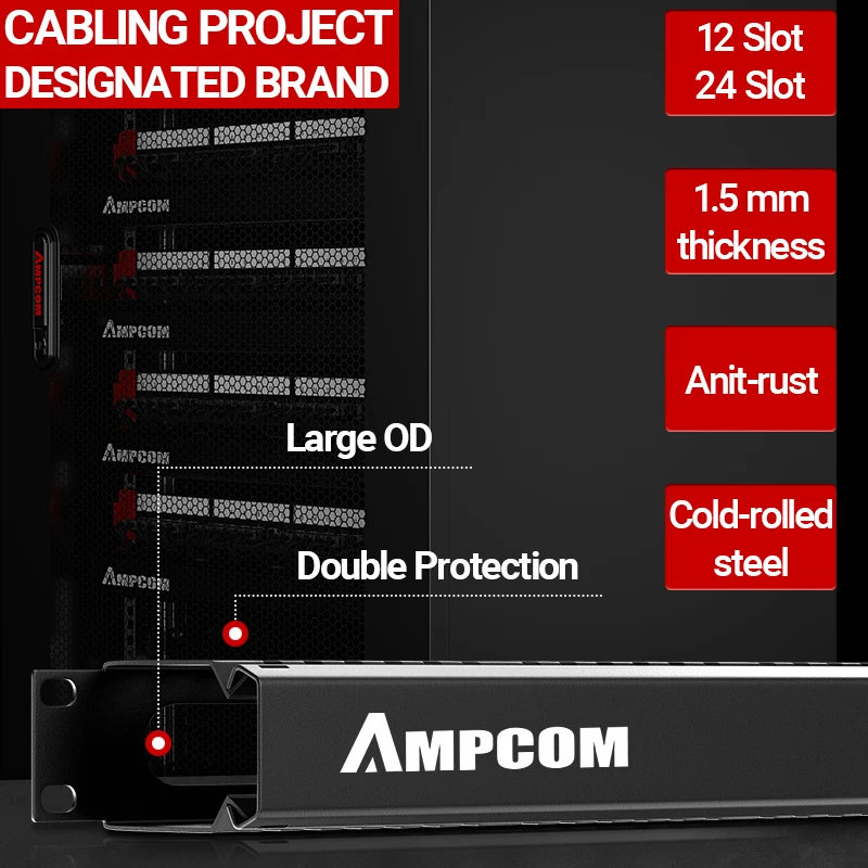 AMPCOM 1U 19inch Server Rack Cable Management, 12/24 Slot Metal Horizontal Rack Mount Wire Manager Finger Duct With Cover